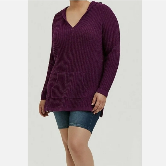 Torrid Ribbed Tunic Hoodie Sweater Plum Purple Long Sleeve V-Neck Women’s Large - Picture 2 of 12